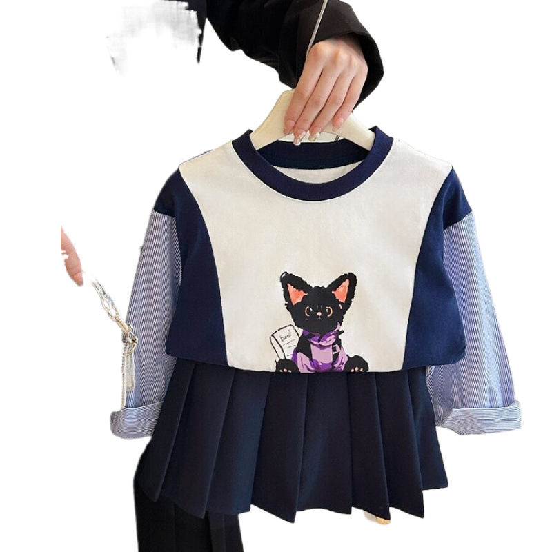 소녀 니트 셔츠 봄과 가을 유행 라운드 넥 스티칭 셔츠 캐주얼 스웨터 가을 의류 큰 어린이 및 학생 순수