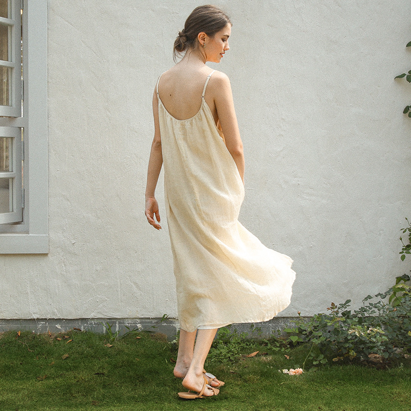 【Clearance Sale】Elegant Ramie Cotton Strap Dress Summer Vacation Style Lazy Big Hem Dress