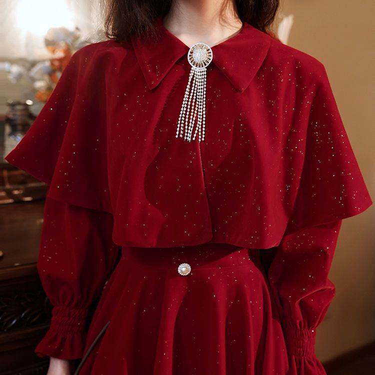 Toast Dress for Bride, New Winter Style, Arm-Covering, Thickened, Wedding Maternity Burgundy Engagement Dress, Elegant Women