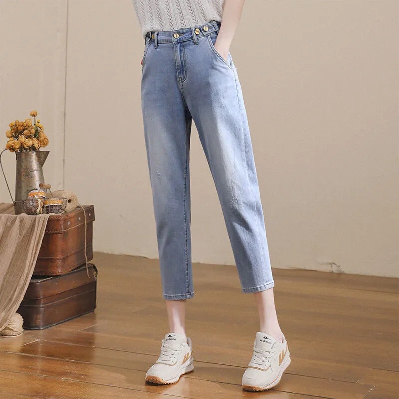 Cropped Jeans Women's Summer Thin High Waist Harem Pants 2023 New Loose Slimming Trendy Middle Pants for Small Men