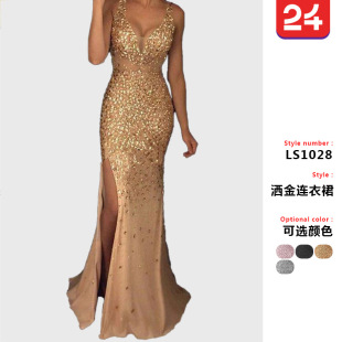 2025 New European and American Cross-Border Women's Clothing Amazon Long Skirt Suspender V Neck Slit Gold-Sprinkled Dress