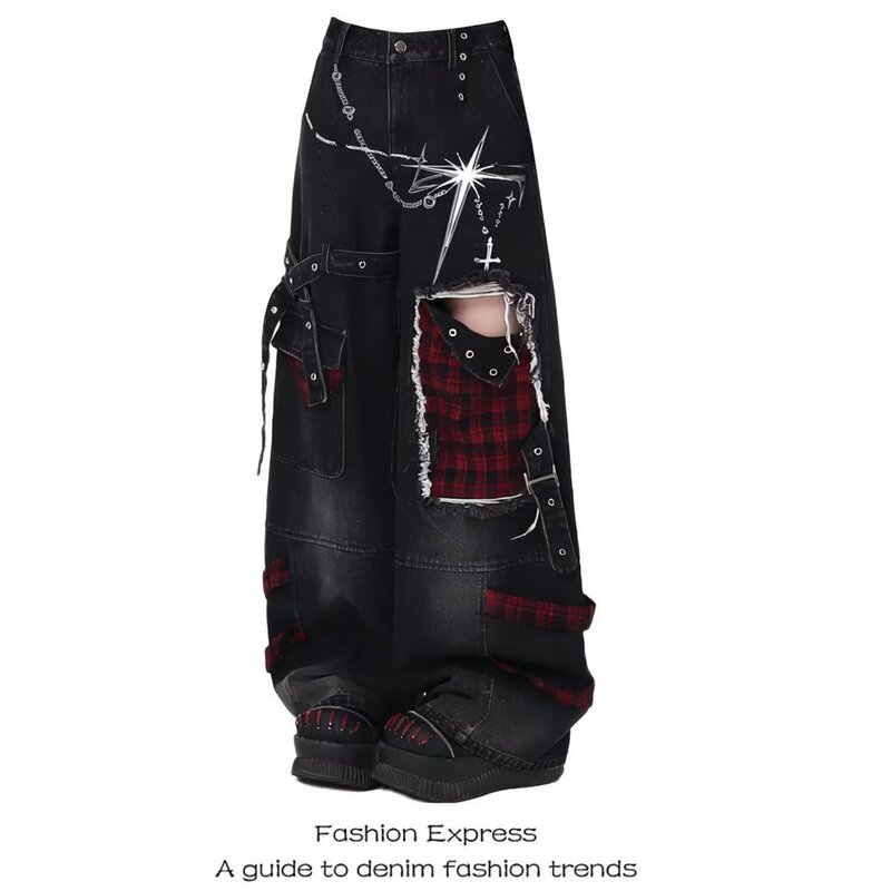 American Retro Ripped Patchwork Red Plaid Jeans for Women, High Street Design, Loose Straight Wide-Leg Floor-Length Pants American Retro Ripped Patchwork Red Plaid Jeans for Women, High Street Design, Loose Straight Wide-Leg Floor-Length Pants