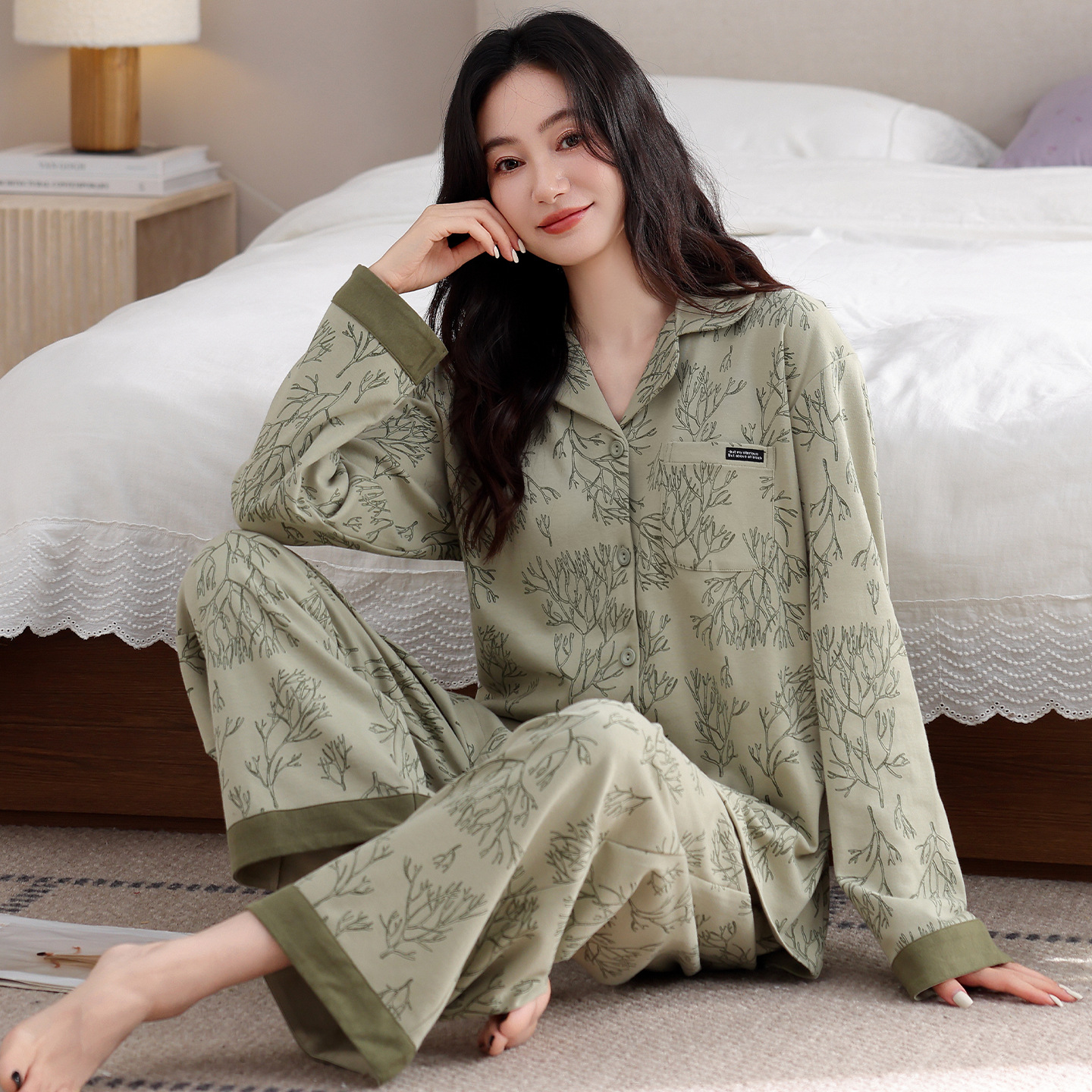 Pure Cotton Pajamas for Women, Class a Antibacterial Spring and Autum Long-Sleeved Casual Wearable 100% Cotton High-End Home Clothes for Women