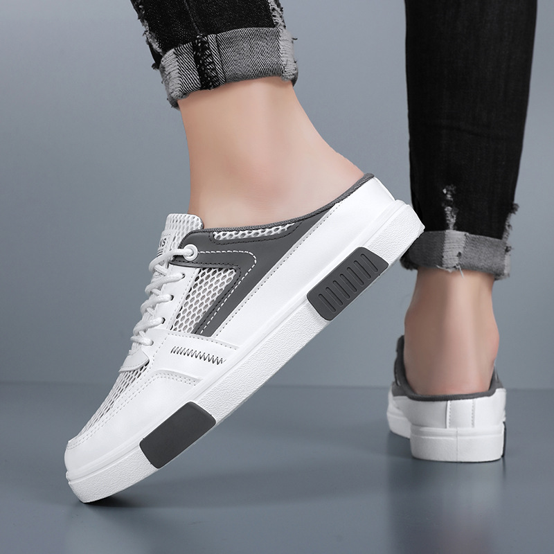 Zapatos de hombre de gran tamaño, estilo de explosión de verano, malla hueca y transpirable para adolescentes, sin tacón, medias pantuflas Baotou para hombres