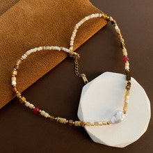 巴洛克仿珍珠挂坠天然石手工串珠锁骨链女复古时尚风钛钢不易掉色