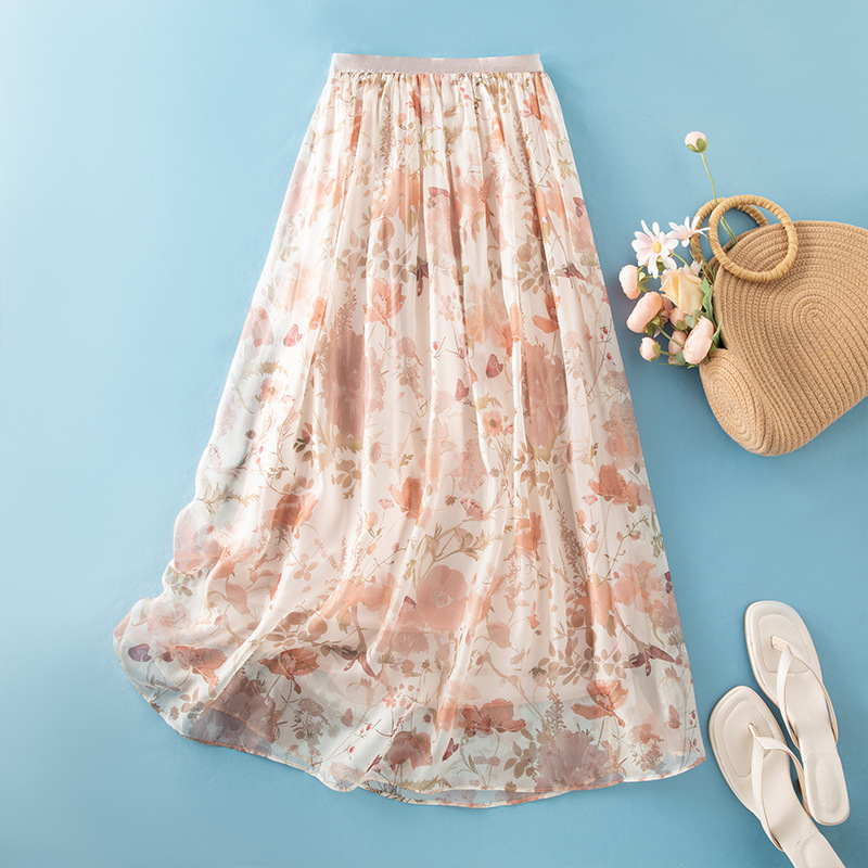 Monet Garden Silk Series Summer French Print Skirt Season Draped Long Skirt A- Line Half Skirt