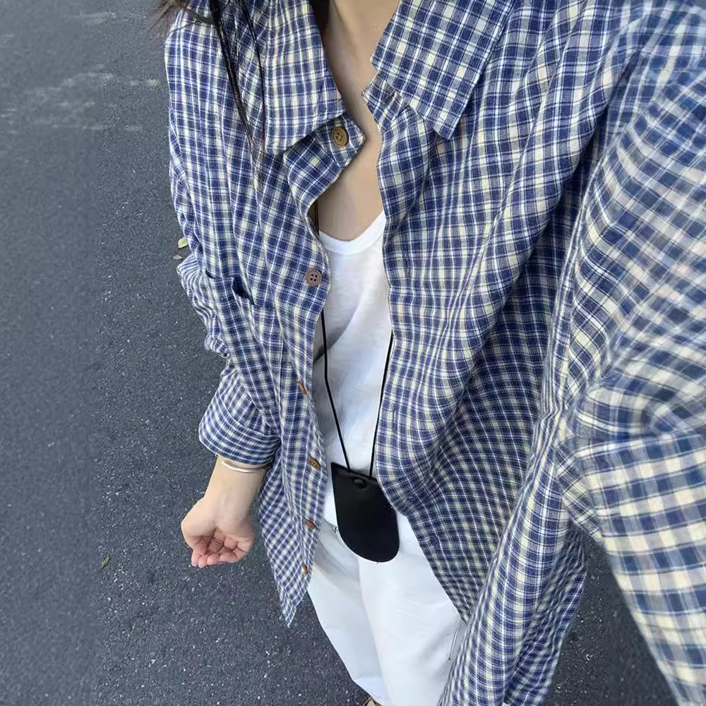 빈티지 틈새 블루 긴팔 격자 무늬 셔츠 여성의 이른 가을 게으른 스타일 캐주얼 격자 무늬 코트 느슨한 외부 셔츠
