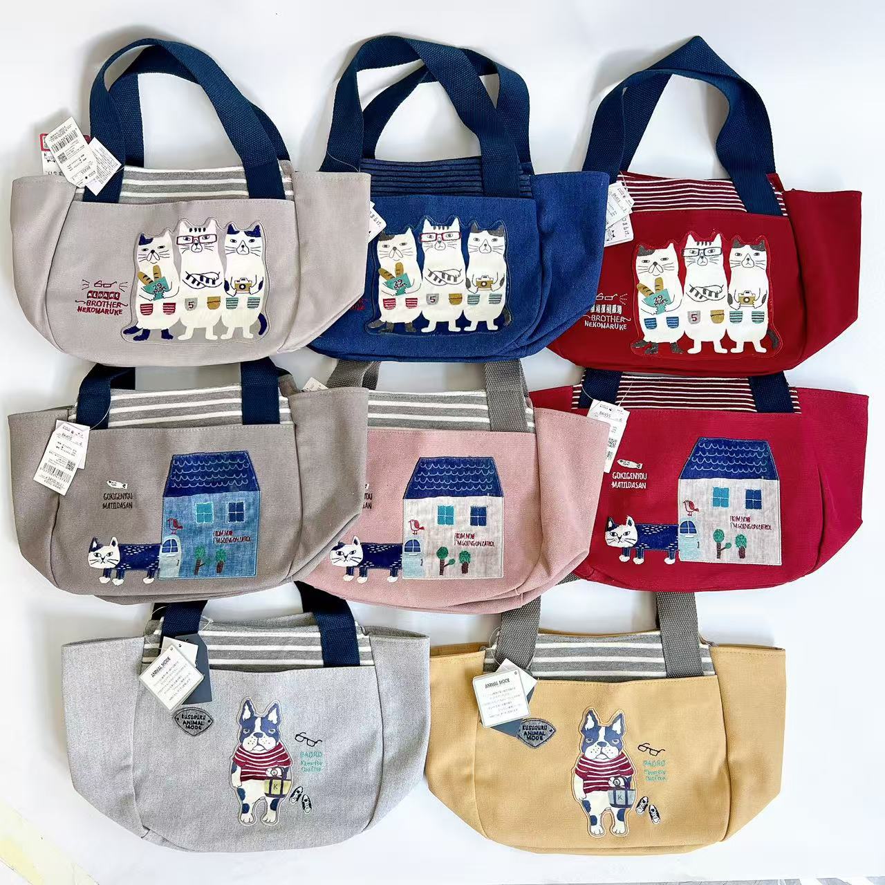 日本Kusuguru正品刺绣猫咪法斗手提包手拎包元宝包饭盒包帆布455