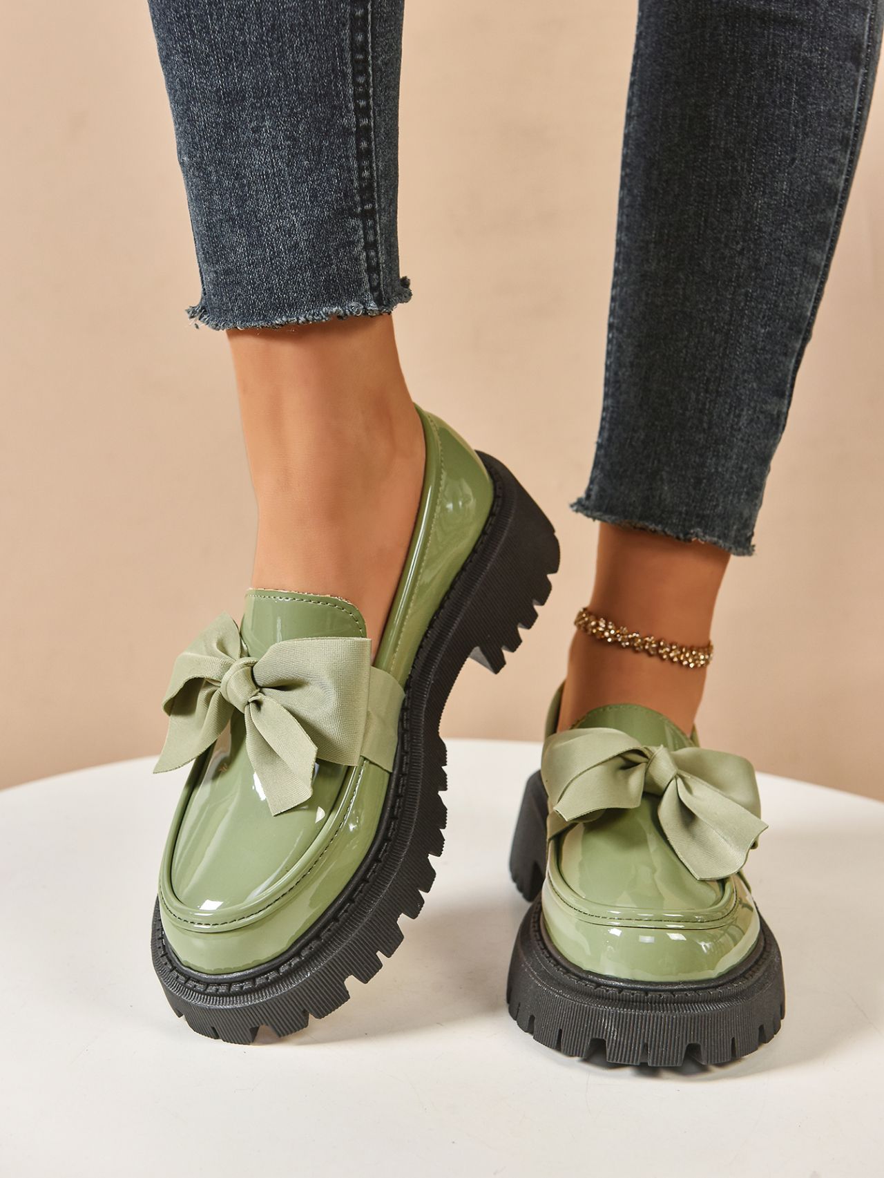 Women's Plus Size Bow Tie Platform Loafers For Autumn Leather_voghion.com