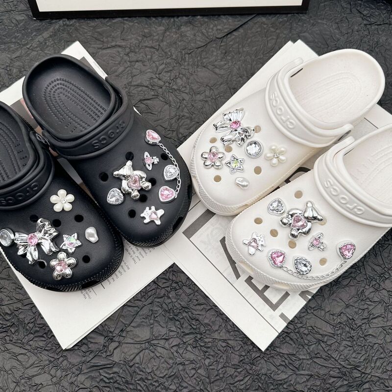 New Sweet Potato with Cute Pink Butterfly Bear Diamond Removable DIY Hole Shoes Buckle Shoes