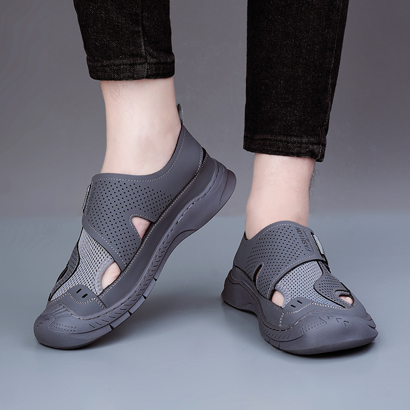 Men's Genuine Leather Closed-toe Sandals Breathable Summer Shoes_voghion.com