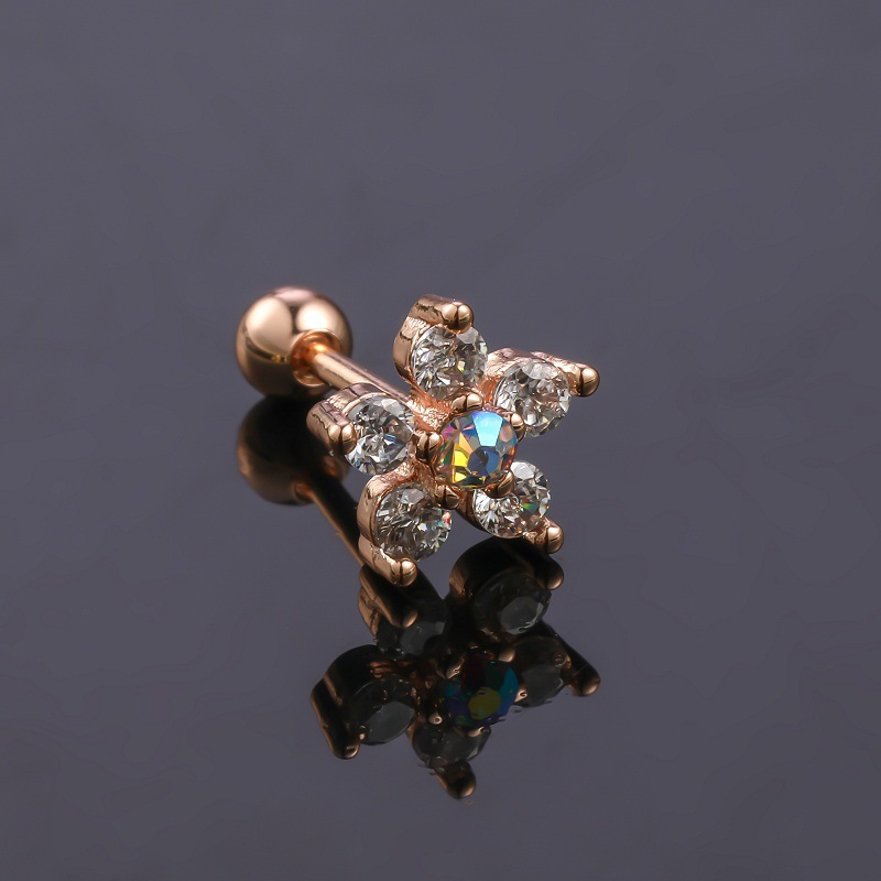 Stainless Steel Flower Stud Earrings For Men With Stone Inlay_voghion.com