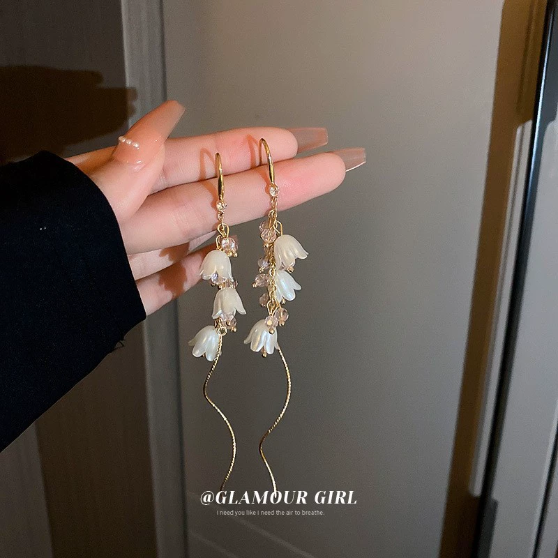 Earrings, floral light-luxury high-quality dangle styles, assorted silver-needle and ear-hook options
