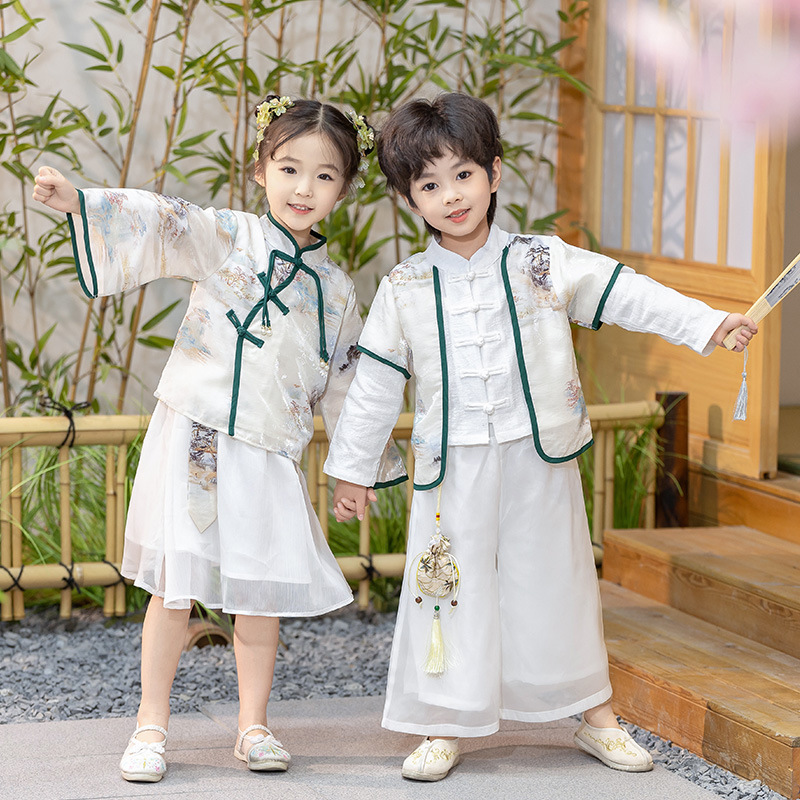 男孩漢服2024新款兒 童唐裝舞台演出服女 童小學生詩歌朗誦表演服