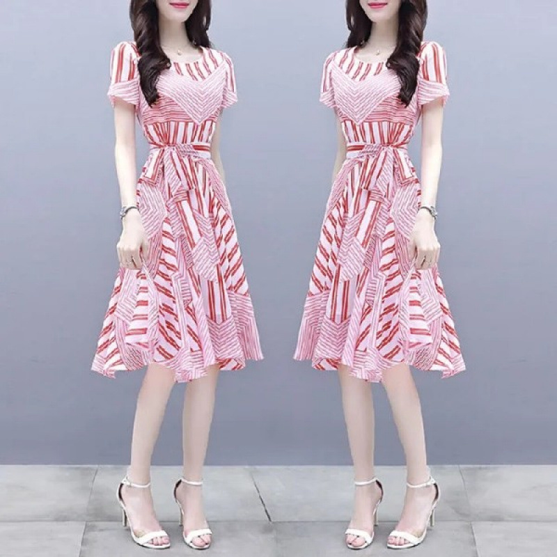ワンピース レディース 夏 2025 新作 韓国風 夏服 レディース 着痩せ効果 フィット感 ミディアム丈 おしゃれ 気質 プリントワンピース|undefined