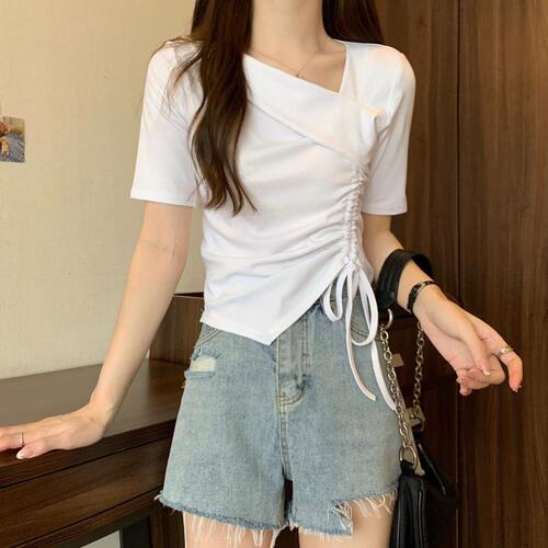 Sweet and Spicy Plus Size Women's Summer Square Shoulders Top with Irregular Design, Drawstring, Ab Covering, Slimming Short Sleeve T-Shirt for Larger Ladies