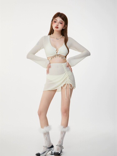 Women's swimsuit summer new pure lust style bikini long-sleeved blouse hip-covering skirt sweet straps vacation swimwear hot spring