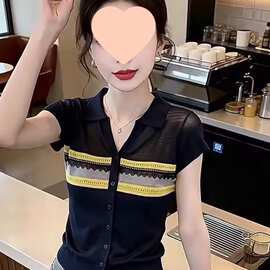 竹节麻  撞色冰丝针织polo领短袖针织衫减龄气质上衣图片色有吊牌