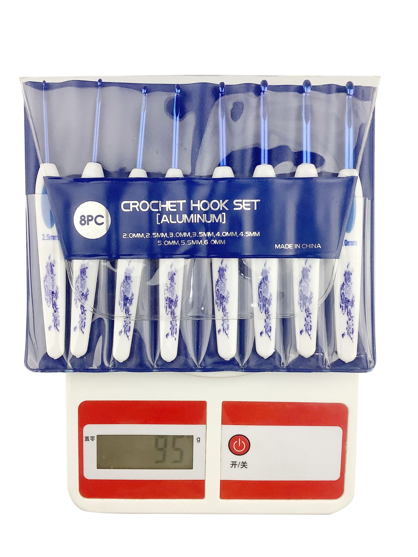 Herramientas de tejer nuevo suéter aguja mango de plástico azul y blanco mango de porcelana de aluminio crochet conjunto de 8 unidades