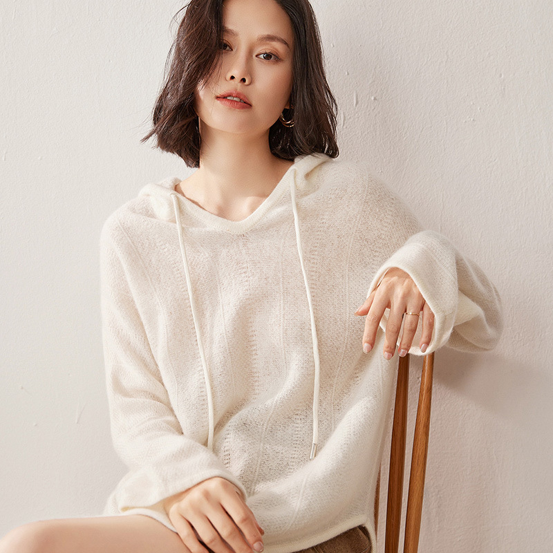 Twelve-Stitch Hollow-Out Crochet Solid Color Cashmere Knit Base Shirt, Loose Slimming Thick Women's Hoodie Top