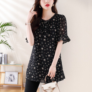 2025 New Large Size Fashionable and Age-Reducing Floral Chiffon Shirt for Fat mm to Cover Belly and Elegant Loose Short-Sleeved Top