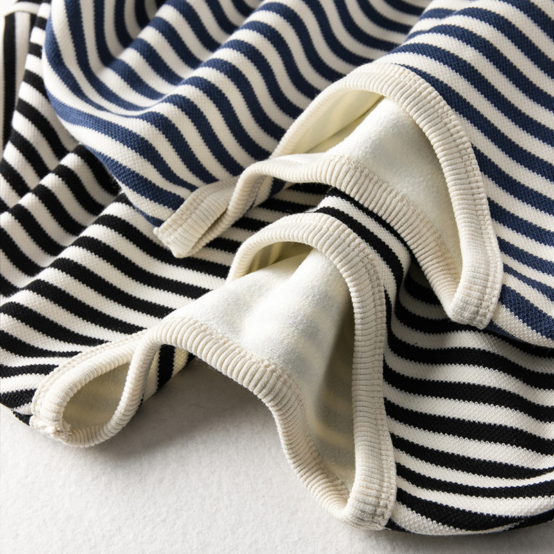 Foreign Trade Daily Order Cut-Label Simple Loose Oversized Fleece-Lined Thickened Drop-Shoulder Round-Neck Long-Sleeve Striped T-Shirt Sweatshirt for Women