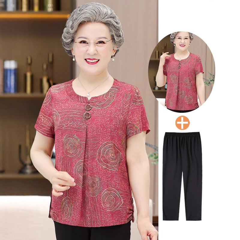 Elderly summer wear female 60-70 years old old mother summer thin T-shirt top clothes 80 grandma wear short sleeve suit Elderly summer wear female 60-70 years old old mother summer thin T-shirt top clothes 80 grandma wear short sleeve suit