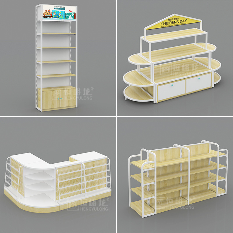Estantes con estructura de acero y madera para centros comerciales, supermercados, tiendas de conveniencia, farmacias, uso comercial, estantes de supermercado de madera de varias capas.