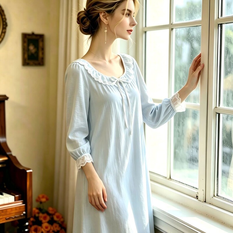 Directly from the Manufacturer, Knitted Cotton Nightgown for Women, Autumn Long-Sleeved Sweet Princess Style Korean Lace Spring and Autumn Pajamas for Women Directly from the Manufacturer, Knitted Cotton Nightgown for Women, Autumn Long-Sleeved Sweet Princess Style Korean Lace Spring and Autumn Pajamas for Women