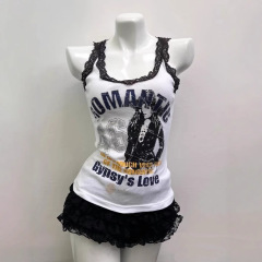 アメリカのレトロなギャルのノースリーブベスト女性の夏のデザイン感のあるスリムレースのプリントの短いキャミソール