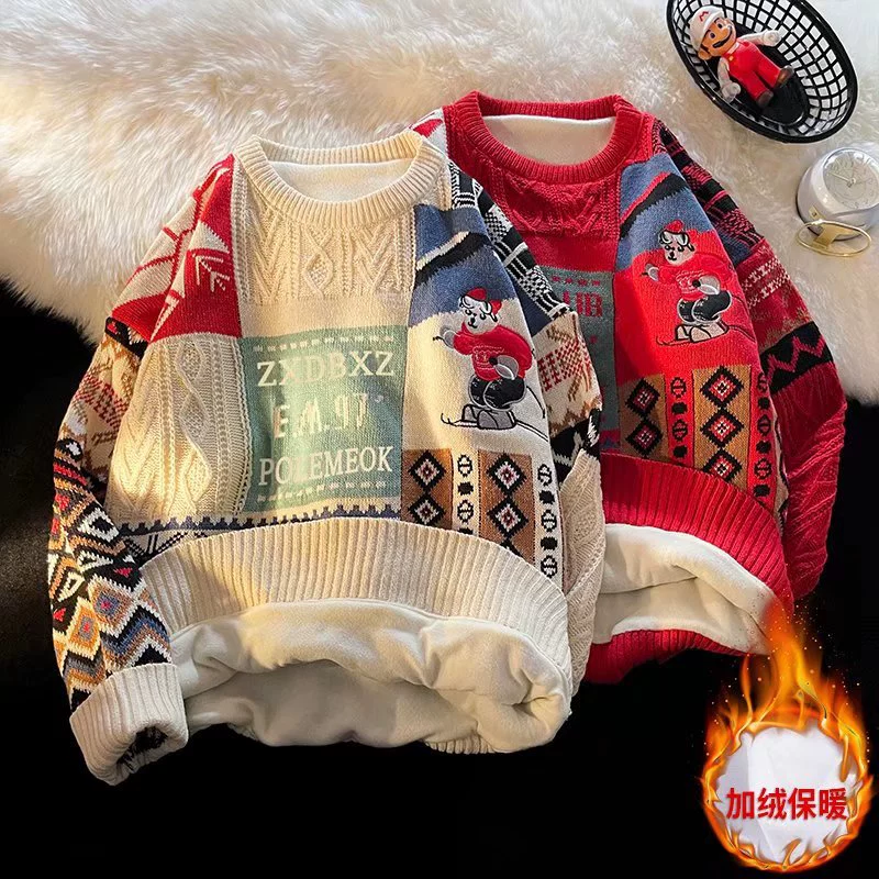 2022 Винтажный Рождественский свитер, мужской зимний СВОБОДНЫЙ Модный брендовый новогодний красный осенне-зимний утолщенный на флисовой подкладке для пары с круглым вырезом, женский