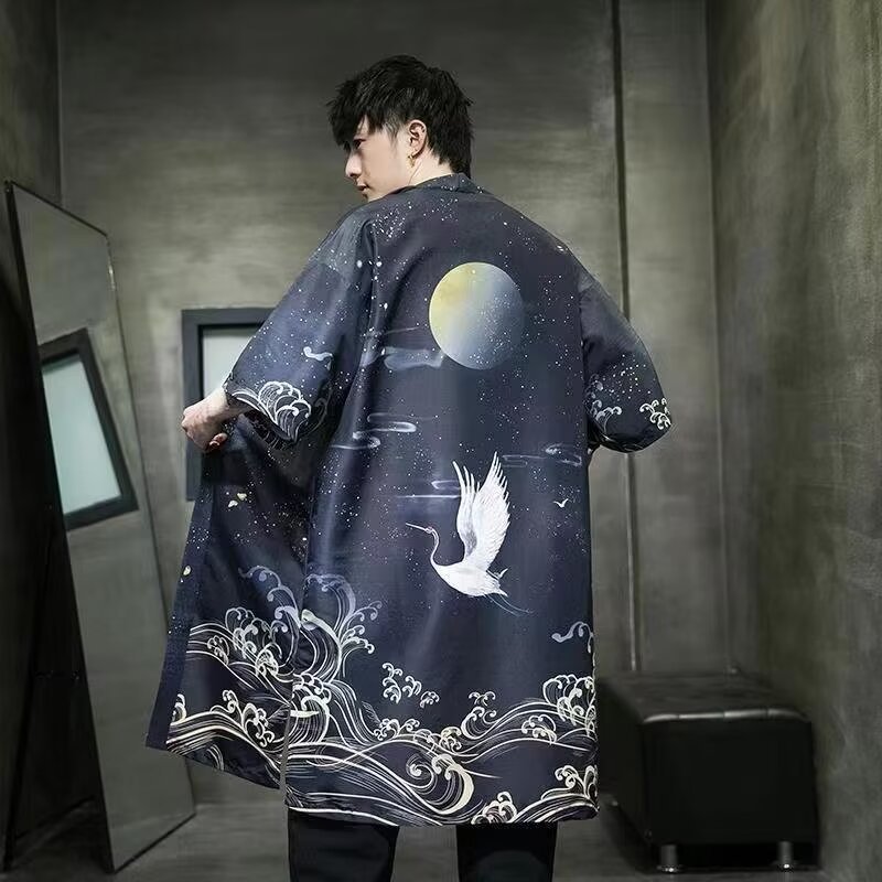 Summer New Coat Men's Mid-length Shirt Loose plus size Cardigan Sun-protective Clothing Chinese Style Crane Robe Cloak
