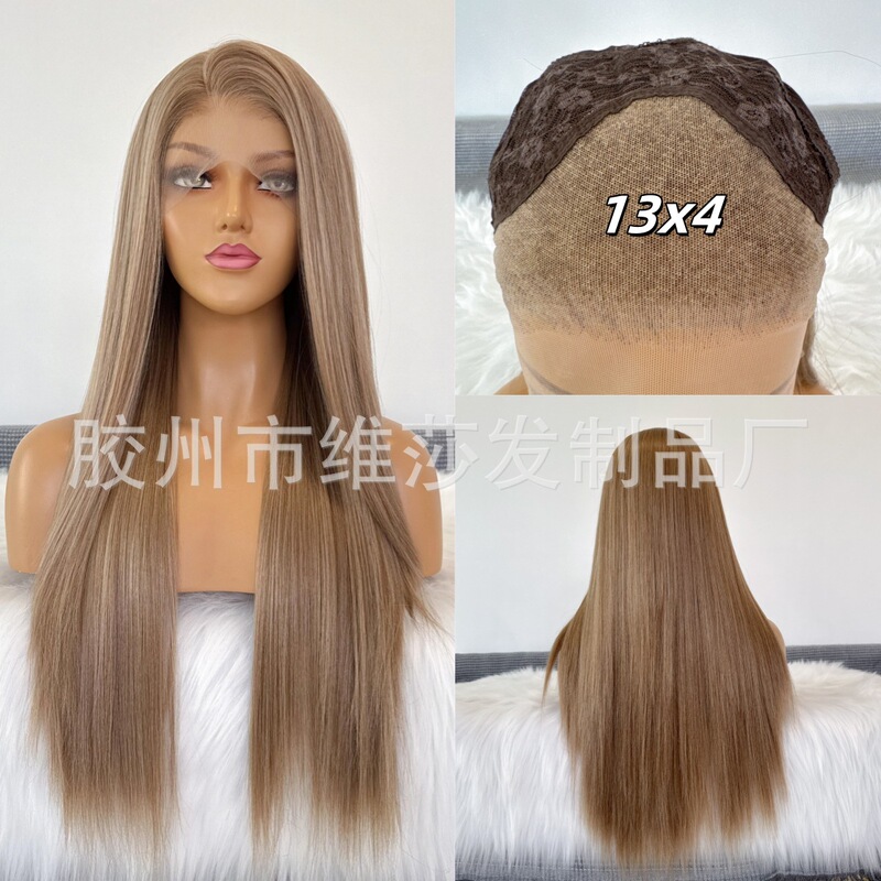 Foreign Trade Wig Honey Blonde Highlights Long Straight Hair Hand Hook 13X4 Front Lace Chemical Fiber High Quality Wig Full Headgear Factory