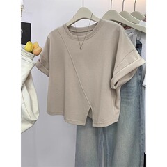 半袖tシャツ夏2025新型正肩カジュアル百合不規則開叉肩半袖tシャツ女性夏ショートコート