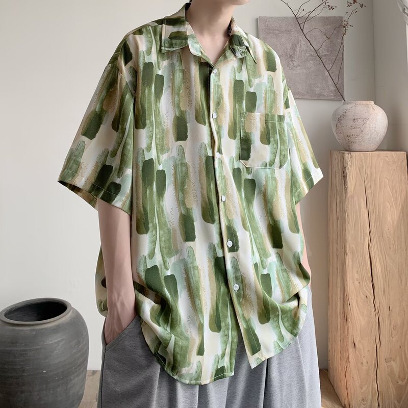 Ice Silk Green Printed Shirt Men's Short-Sleeved High-End Niche Tie-Dye Half-Sleeved Shirt Handsome Loose Large Size Shirt