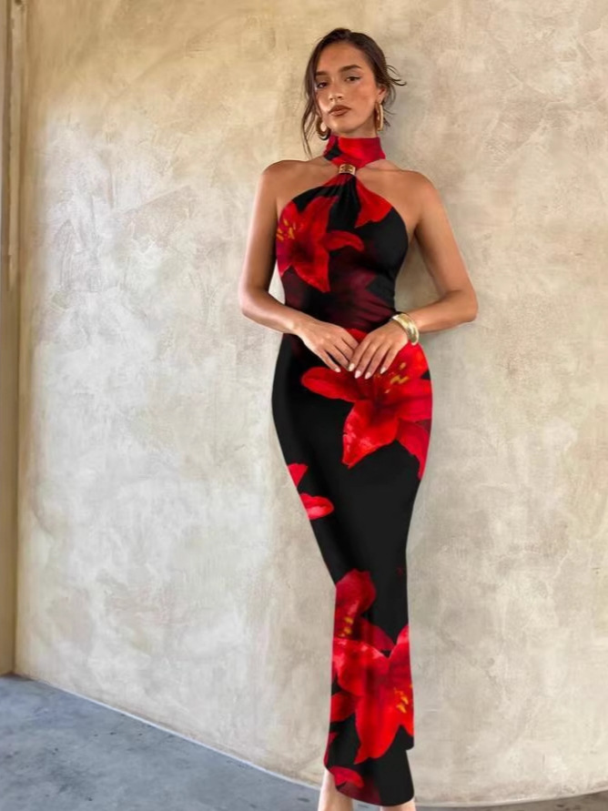 Summer Fashion High Neck Off Shoulder Floral Print Dress For Women Elegant Slit Design American Style_ecoleips.com