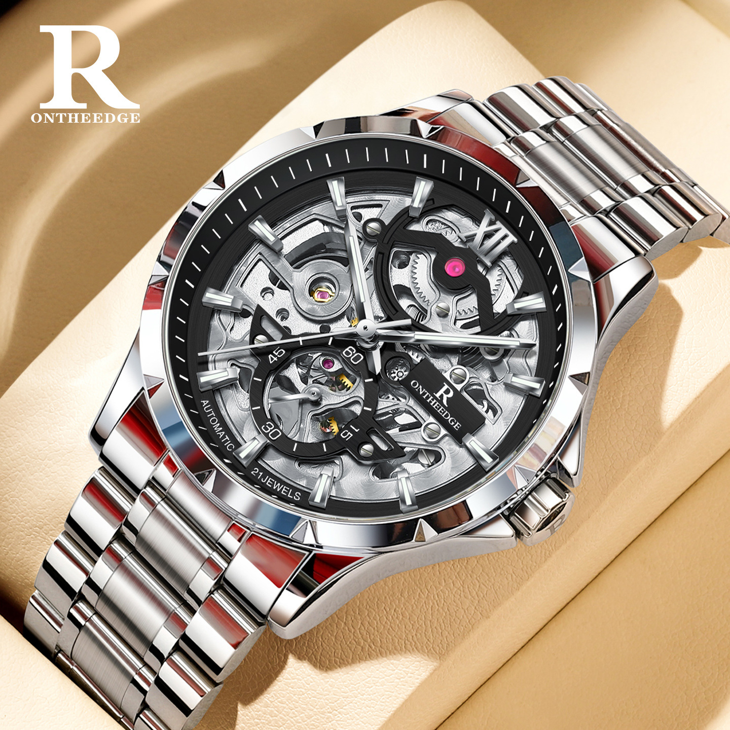 2026 New Model Rui Zhi Yuan Men's Mechanical Watch, Genuine Automatic Skeleton Luminous Fashion Brand Wristwatch for Men