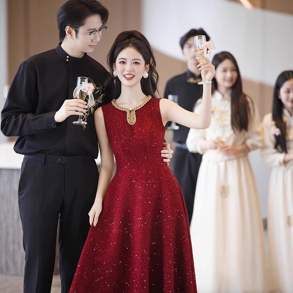 2026 New Style Bride Wedding Dress, Light Luxury Chanel-Style Red Engagement Dress, Evening Dress, Registration Dress