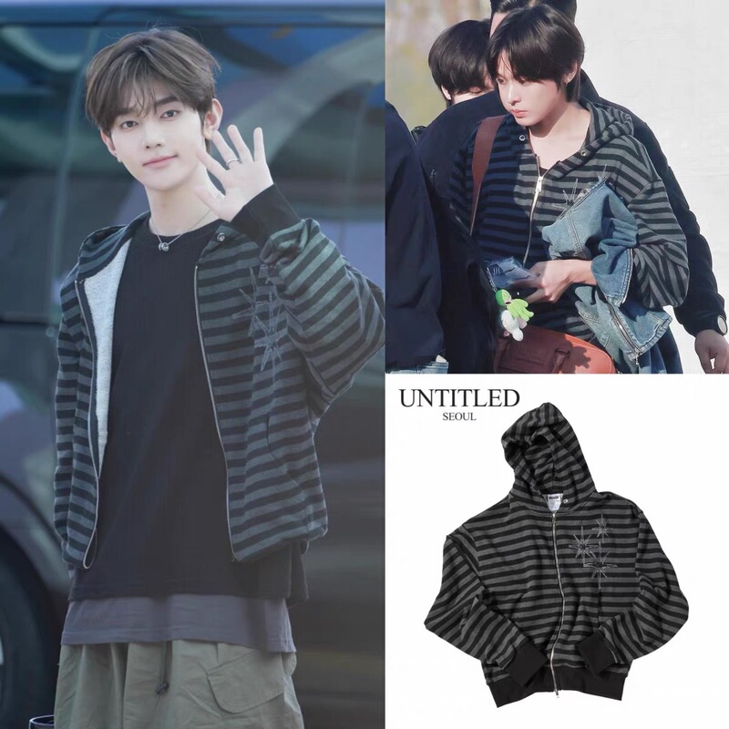 Zhang Hao Riku Maeda Riku Same Style Korean Designer Star-Striped Sweatshirt Jacket with Hood and Zipper for Women