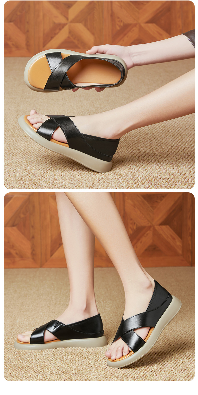 Sandal nữ đế dày đế bằng da thật mềm chống trượt mùa hè — nâu chi tiết 21