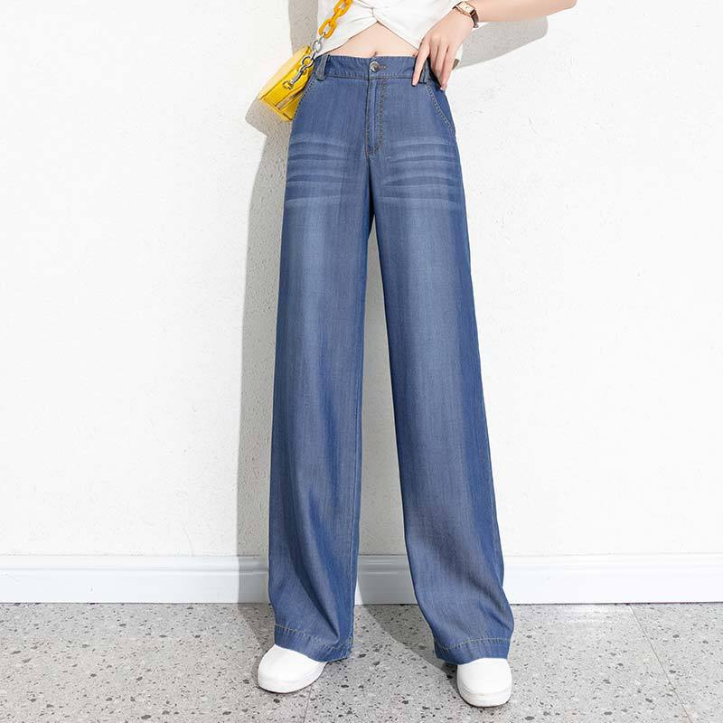 2026 Summer Silk Denim Jeans for Women, High-Waisted Wide-Leg Pants, Straight-Cut, Drapey, Thin, Floor-Length Pants, in Stock 9129, Japanese and Korean Casual Style
