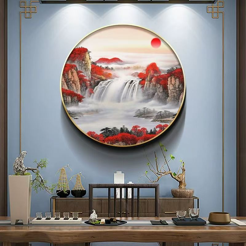 圆形鸿运当头中式装饰画客厅山水挂画玄关中国风壁画走廊国画-阿里巴巴
