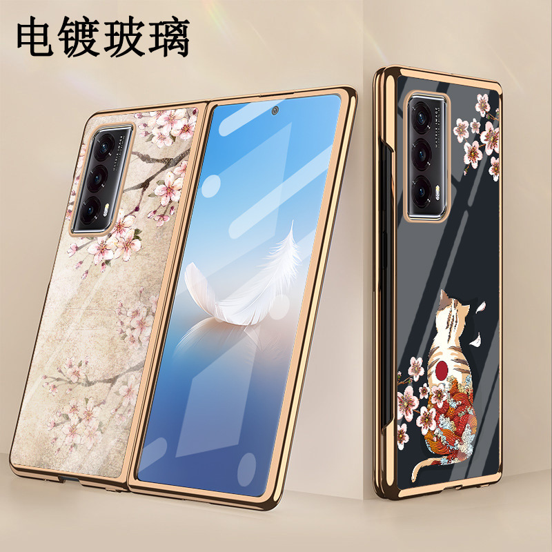 适用于荣耀magicVS2手机壳电镀玻璃面保护套简约v2商务黑色玫瑰