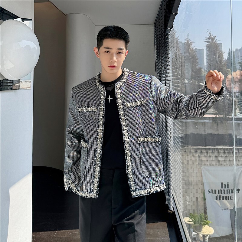 Laser laser sequined beaded round neck small suit men's flash sequined suit jacket nightclub party