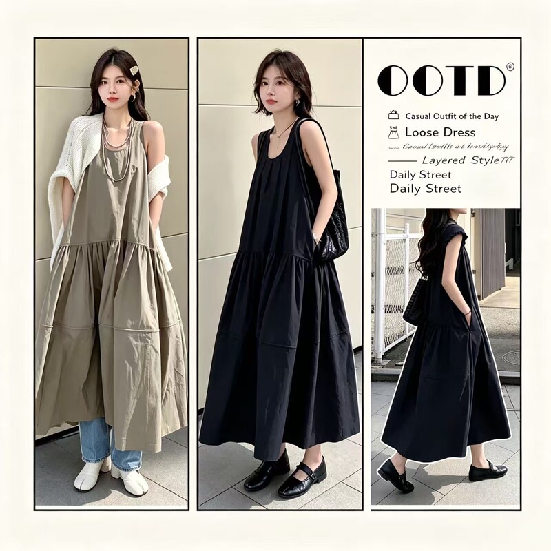 Japanese-style ETRE summer relaxed ins-style vacation U-neck tiered tank dress, loose and slimming, with a large hem, suitable for pregnant women
