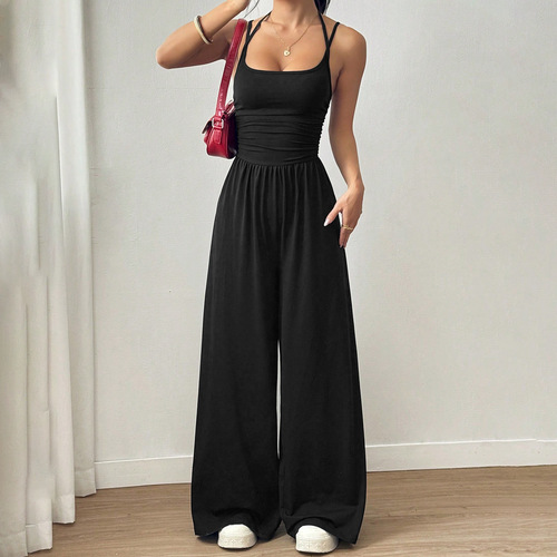 Women's wear double suspenders pure color slimming wide-leg jumpsuit sports yoga trousers European and American slim casual suit
