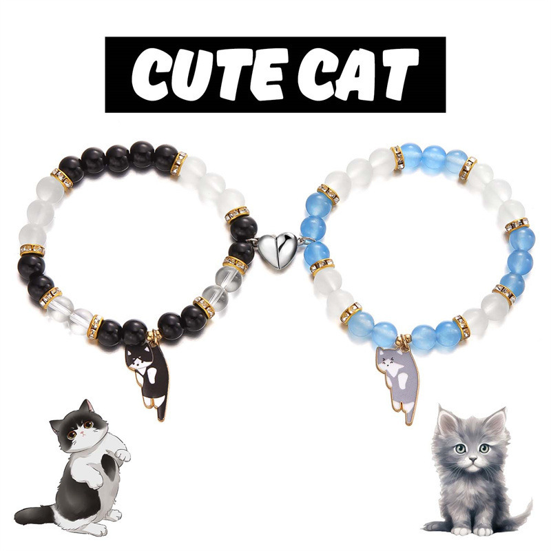Cross-border New Creative Two-pair Loving Magnetic Buckle Lazy Cat Pendant Beaded Bracelet Fashion Couple Bracelet