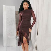 欧美外贸女装2025秋季新款时尚气质网纱长袖修身开叉荷叶边连衣裙