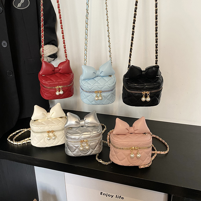 Bolsas coreanas para niños y niñas, bolsas de hombro de arco lindas, bolsas de caja de moda para niños, bolsas de cadena para niños, nueva moda