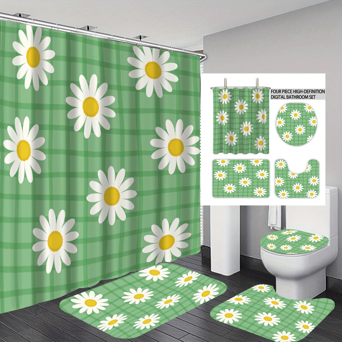 Agente de poliéster Mei Ke más cortina de baño impermeable serie de agua floral 3D impresión digital cortina de baño cuatro piezas alfombra absorbente